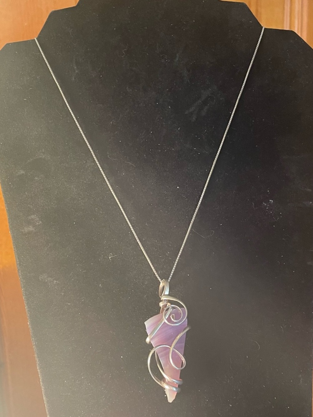 Sterling Silver Artisan Purple Stone Amulet Pendant Necklace. Wire Wrapped